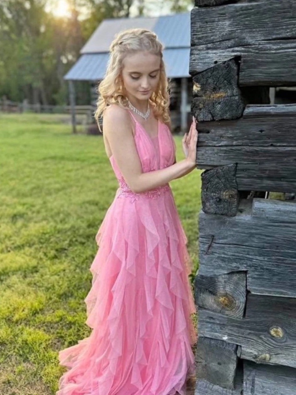 Elegant Pink Ruffled Prom Dress